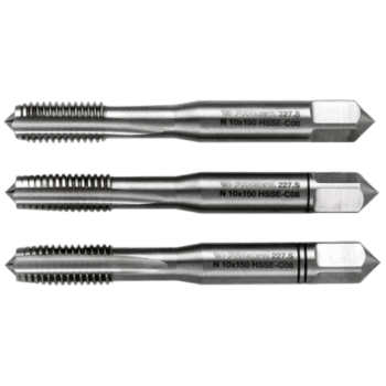 Set of three high-performance cobalt taps for precision machining, featuring threaded and hexagonal ends for versatile use.