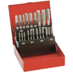 Set of precision tap wrenches in a red toolbox, including M3 to M10 sizes, for metalworking and machining tasks.