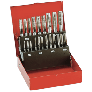 Set of precision tap wrenches in a red toolbox, including M3 to M10 sizes, for metalworking and machining tasks.