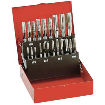 Set of precision tap wrenches in a red toolbox, including M3 to M10 sizes, for metalworking and machining tasks.