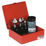Facom 90 cone bits set with three different sizes in a red plastic case, alongside a small bottle of lubricant for tool maintenance.