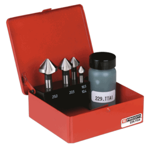 Facom 90 cone bits set with three different sizes in a red plastic case, alongside a small bottle of lubricant for tool maintenance.
