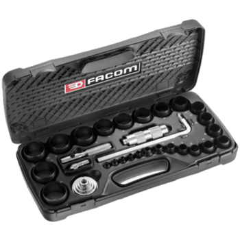 Facom 528-piece industrial maintenance tool set in a black plastic case with various sockets, ratchets, and accessories for professional repairs.