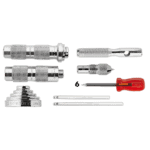 Facom punch and caliper accessories set with various tools including punches, calipers, and screwdrivers on a black background.