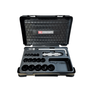 Facom punch kit with various punch sizes and accessories in a black plastic case, ideal for professional metalworking and fabrication tasks.
