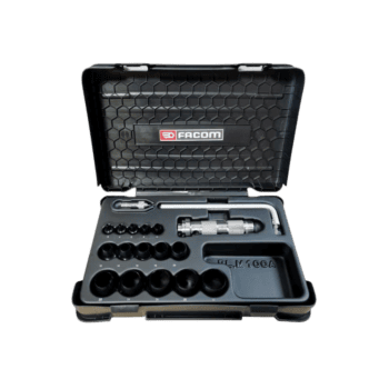 Facom punch kit with various punch sizes and accessories in a black plastic case, ideal for professional metalworking and fabrication tasks.