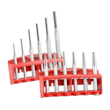 Set of Facom impact tools with various sizes in red plastic holder, ideal for automotive and mechanical work.