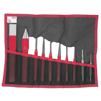 Facom impact tools set 247.265JT10 with various screwdrivers and bits in a red and black roll-up pouch.