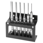 Set of precision impact screwdrivers with various tip sizes in a black stand, used for detailed mechanical work.