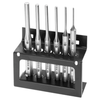 Set of precision impact screwdrivers with various tip sizes in a black stand, used for detailed mechanical work.