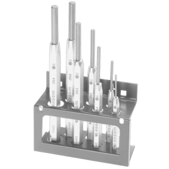 Set of precision screwdrivers with various sizes and tips, displayed in a metal stand for easy access and organisation.