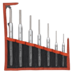 Facom impact tools set with seven screwdrivers in a red and black roll-up pouch, ideal for professional mechanical and automotive work.