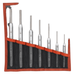 Facom impact tools set with seven screwdrivers in a red and black roll-up pouch, ideal for professional mechanical and automotive work.