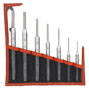 Facom impact tools set 251A.JT9 with various screwdriver bits in a red and black roll-up pouch for professional use.