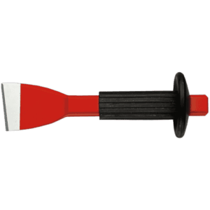 Facom wide chisel with guard, featuring a red and white blade and black handle, designed for precision chiselling tasks.