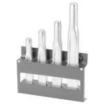 Set of four ribbed chisels on a metal holder, used for precision chiselling tasks.