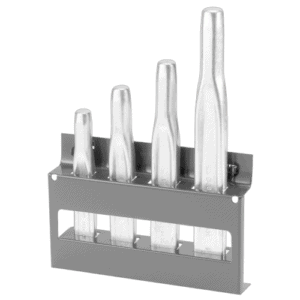 Set of four ribbed chisels on a metal holder, used for precision chiselling tasks.