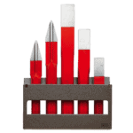 Set of five chisels with red handles and metal blades in a grey holder, used for precision cutting and carving tasks.