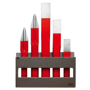 Set of five chisels with red handles and metal blades in a grey holder, used for precision cutting and carving tasks.
