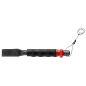 Heavy-duty sheathed chisel with a red handle and metal ring for leverage, designed for industrial or construction use.