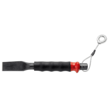 Heavy-duty sheathed chisel with a red handle and metal ring for leverage, designed for industrial or construction use.