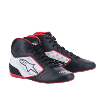 Black and red Grand Prix Racewear racing shoes with white accents and Alpinestars logo for motorsport enthusiasts.