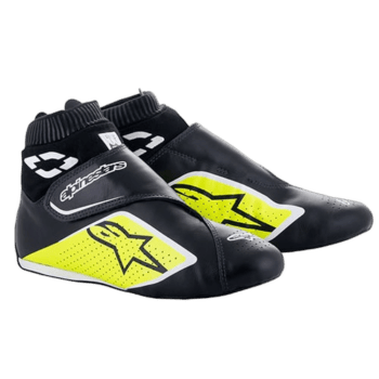 Black and yellow racing shoes with Alpinestars logo, designed for motorsport safety and performance.