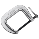 Close-up of a Facom 271A.L deep-throat G-clamp, showing its metallic body and screw mechanism for heavy-duty clamping tasks.