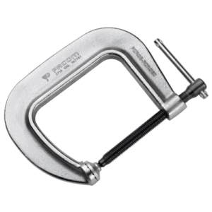 Close-up of a Facom 271A.L deep-throat G-clamp, showing its metallic body and screw mechanism for heavy-duty clamping tasks.