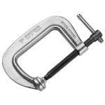 Close-up of a Facom 271A compact G-clamp showing its sturdy metal frame and screw mechanism for secure fastening.