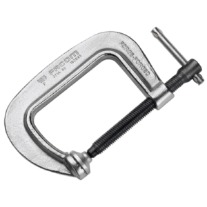 Close-up of a Facom 271A compact G-clamp showing its sturdy metal frame and screw mechanism for secure fastening.