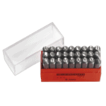Set of 26 Facom letter punches in a red plastic case for precise metal stamping and engraving.
