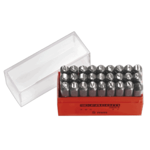 Set of 26 Facom letter punches with 5mm size in a red box, used for metal stamping and marking.