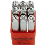 Set of 9 Facom digit punches in a red plastic case, used for metal stamping and marking.