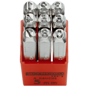 Set of 9 Facom digit punches in a red plastic case, used for metal stamping and marking.