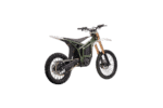 Electric dirt bike with green and black frame, off-road tires, and advanced suspension for motocross racing.