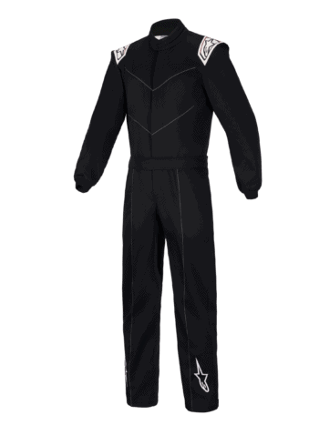 Black racing suit with white shoulder accents and Alpinestars logo, designed for motorsport safety and performance.