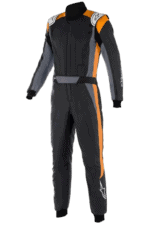 Grand Prix Racewear racing suit in black with orange and grey accents, designed for motorsport safety and performance.