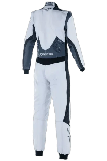 Grand Prix Racewear racing suit in white and black, designed for motorsport safety and performance.