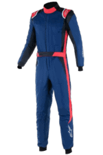 Grand Prix Racewear racing suit in blue with red and black accents, designed for professional motorsport drivers, featuring high-quality materials and safety features.