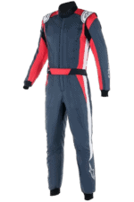 Grand Prix Racewear racing suit in navy blue, red, and white with protective padding, designed for motorsport drivers.