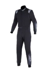 Grand Prix Racewear racing suit in black with white and silver accents, designed for professional motorsport drivers.