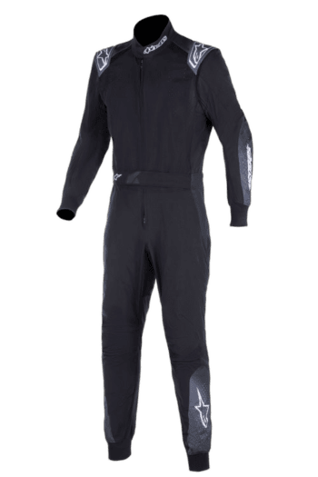 Black Grand Prix Racewear racing suit with white and grey accents, designed for motorsport safety and performance.