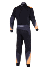 Grand Prix Racewear racing suit in black with orange and grey accents, designed for professional motorsport drivers.