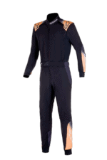 Grand Prix Racewear racing suit with black and orange design, featuring protective padding and branding, ideal for motorsport enthusiasts and professional drivers.