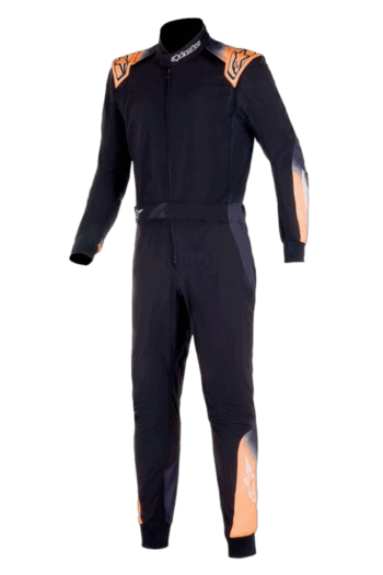Grand Prix Racewear racing suit in black with orange accents, designed for professional motorsport drivers.