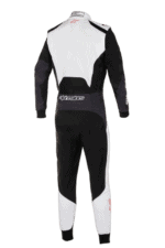 Grand Prix Racewear racing suit in black and white with Alpinestars logo, designed for motorsport safety and performance.