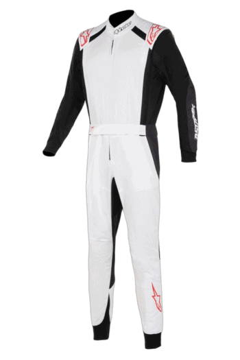 Grand Prix Racewear racing suit in white and black with red accents, designed for motorsport drivers, featuring sponsor logos and aerodynamic fit.