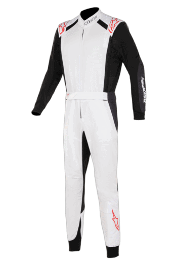 Grand Prix Racewear racing suit in white and black with red accents, designed for professional motorsport drivers.