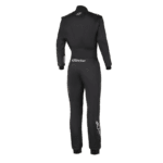 Black Grand Prix Racewear racing suit with branding, designed for motorsport safety and performance.